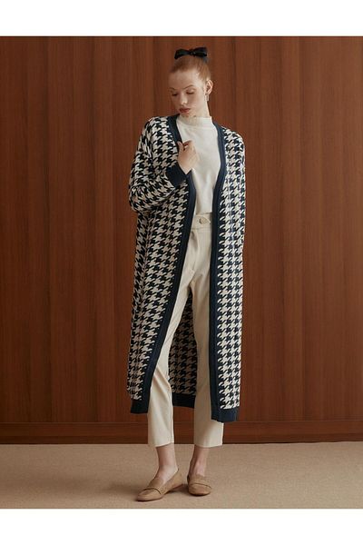 Kayra Goose Feet Patterned Long Knitwear Cardigan Indigo