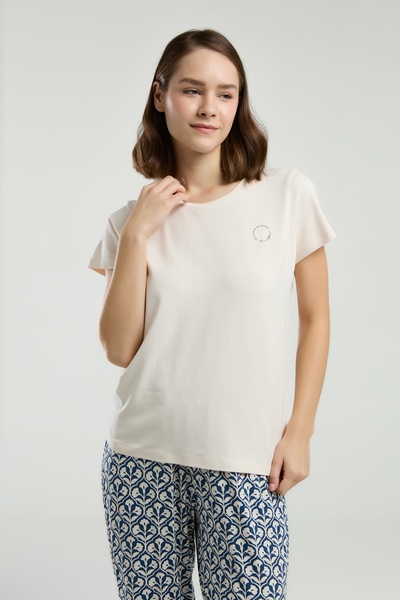 Arnetta Women's Plain Short Sleeve Patterned Long Pants Pajama Set (Available in Oversize Size)