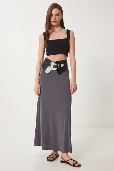 Lovelyİstanbul Summer Thin Midi Knitted Skirt Smoked Lhc0004