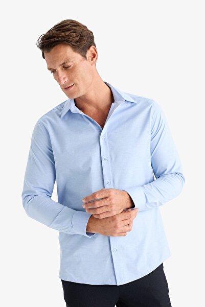 DeFacto Modern Fit Modern Kesim Poplin Düz Pamuk Karışımlı Uzun Kollu Gömlek D3375AX24AU