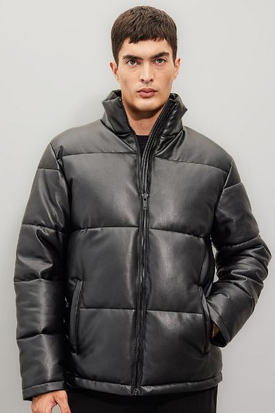 DeFacto Men's Black Puffer Leather Jacket - Water Repellent, Stand Collar, Zippered, Regular Fit C4859Ax24Wn