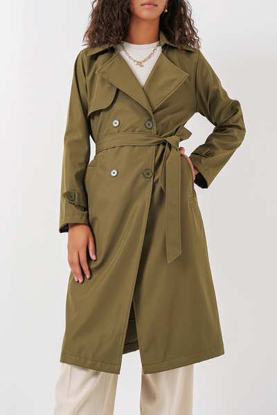 Genel Markalar Kadın Kruvaze Yaka Kuşaklı Haki Trençkot