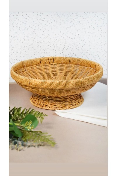 Bayev 2'Li Set Yuvarlak 32 Cm ve 26 Cm Ayaklı Meyvelik Dekoratif Hasır Sunumluk Seti