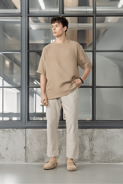 Valiberta Cotton Flamingo Comfortable Fit Straight Leg Jogger Men's Trousers - Beige