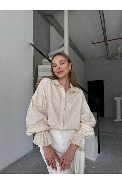 Fives Cămașă de damă din bumbac și in, cu mâneci