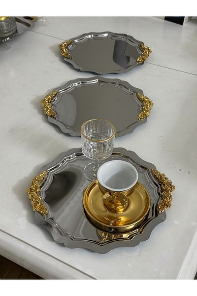 SEVA ÇELİK Steel Round Wave Presentation Tray with 3 Handles Accessories