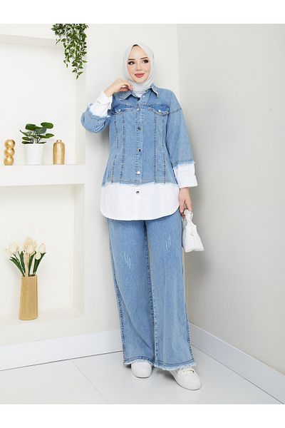 MODAMERSİ Women's Light Blue Denim Shirt Pants Set of Two