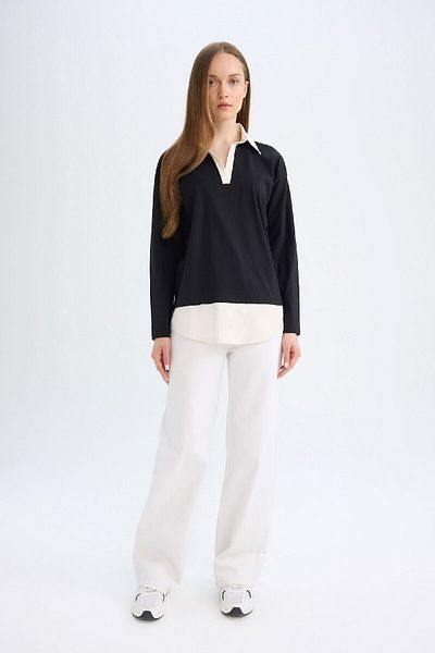 DeFacto Black Regular Fit Shirt Collar Tunic - Long Sleeve and Skirt Detail D0390Ax24Au