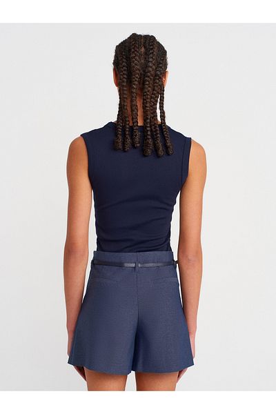 Dilvin 81058 Belted Pleated Short Skirt-Navy Blue