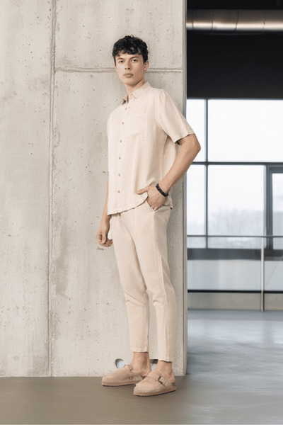 Valiberta Ανδρικό παντελόνι από φυσικό βαμβάκι με κορδόνια & φερμουάρ - Μπεζ