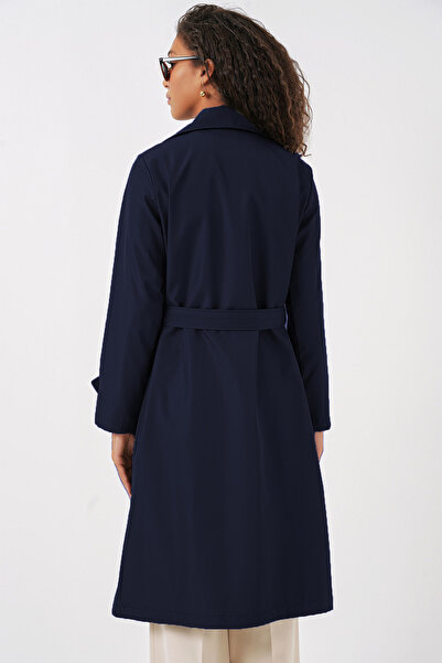 Merterium Kadın Kruvaze Yaka Kuşaklı Lacivert Trençkot