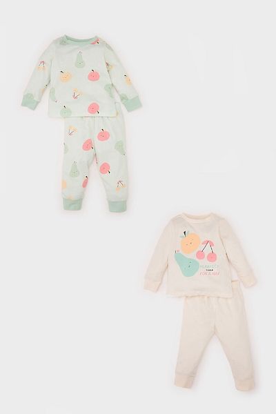 DeFacto Baby Girl 4 Pcs Pajamas Set - Fruit Pattern Lunan Sleeve Top and Bottom