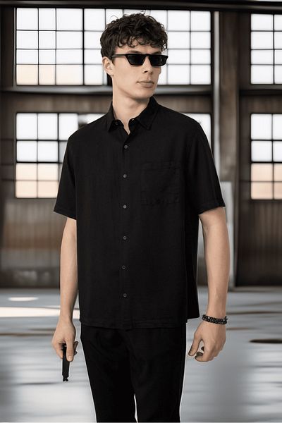 Valiberta Single Pocket Cotton Fabric Natural Textured Oversize Men's Shirt - Black