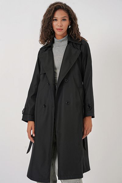 Merterium Women's Double Breasted Collar Belted Black Trench Coat
