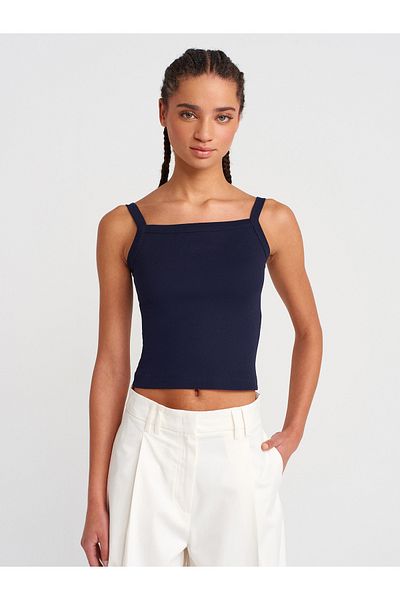 Dilvin 21049 Square Neck Strap Top-Navy Blue