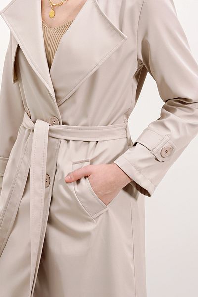 Merterium Women's Double Breasted Collar Belted Beige Trench Coat