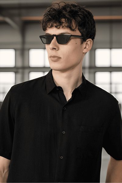 Valiberta Single Pocket Cotton Fabric Natural Textured Oversize Men's Shirt - Black