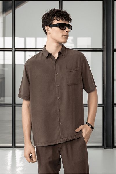 Valiberta Single Pocket Cotton Fabric Natural Textured Oversize Men's Shirt - Brown