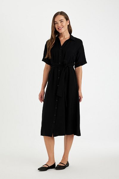 DeFacto Geknöpftes, kurzärmliges Midikleid mit Gürtel D4055axns