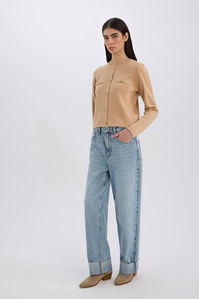DeFacto Crew Neck Knitwear Cardigan - Regular Fit with Gold Metal Buttons C1500Ax24Wn