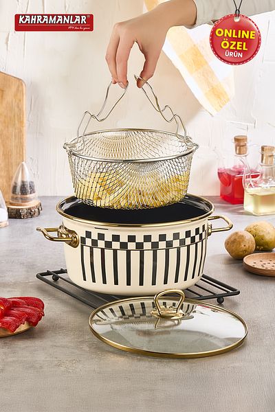 Kahramanlar Prime Cream Enamel Frying Pot 22 cm
