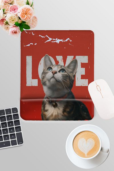 qoeuyl boutique Cute Cats No:3 Love Printed Gamer Gaming Ορθογώνιο ποντίκι με υποστήριξη καρπού