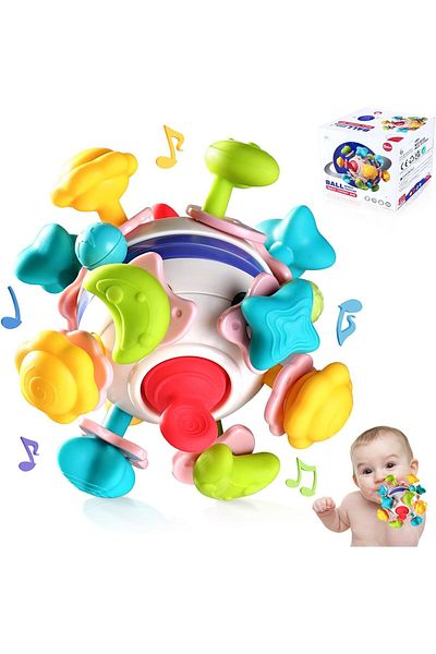 lovely baby حلقة تسنين للأطفال مضادة للسقوط مع كرة عضاضة وكرة إمساك