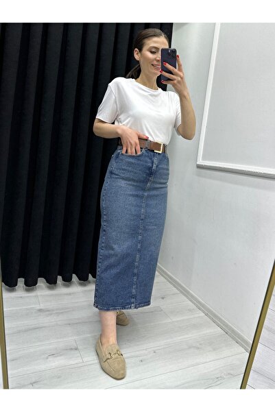 TUNAM BUTİK MAXİ BOY MAVİ KOT ETEK