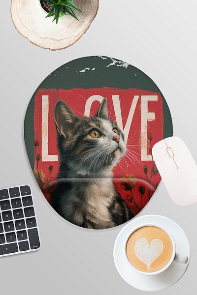 qoeuyl boutique Cute Cats No:2 Love Printed Gamer Gaming Οβάλ ποντίκι με υποστήριξη καρπού
