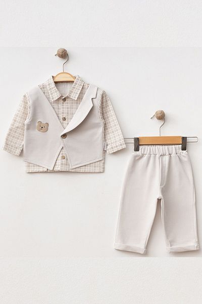 NEGİYYİM Baby Boy Teddy Bear Vest Plaid Patterned Suit 6-18 Months