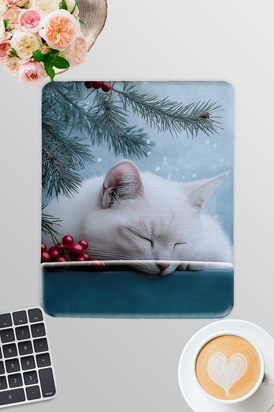 qoeuyl boutique White Cat Winter Themed No:3 Gamer Gaming Ορθογώνιο ποντίκι με υποστήριξη καρπού