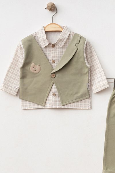 NEGİYYİM Baby Boy Teddy Bear Vest Plaid Patterned Suit 6-18 Months