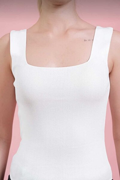 Mrs.idea White Women's Square Neck Thick Strap Slim Knitwear Tank Top-Mrs.Wqa