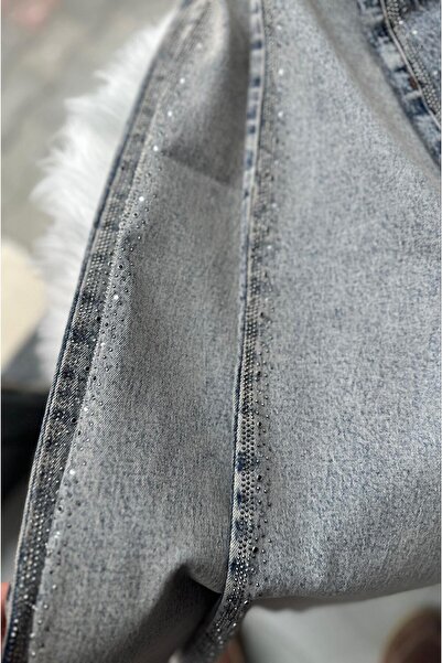 TUNAM BUTİK MAXİ BOY TAŞ VE ESKİTME DETAYLI KOT ETEK