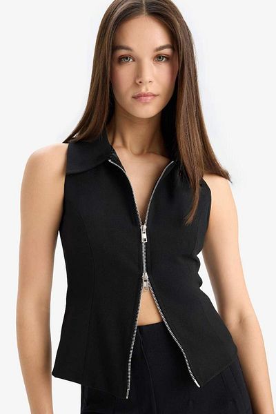 DeFacto New Season Afra X Defacto Polo Collar Zippered Sleeveless Cardigan