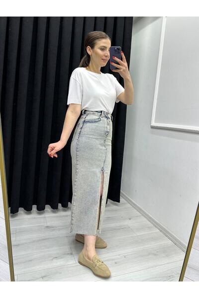 TUNAM BUTİK MAXİ BOY TAŞ VE ESKİTME DETAYLI KOT ETEK