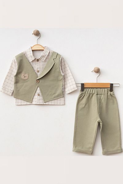 NEGİYYİM Baby Boy Teddy Bear Vest Plaid Patterned Suit 6-18 Months