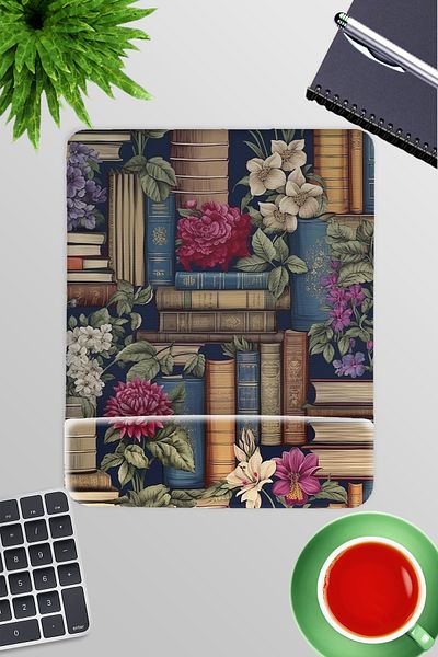 qoeuyl boutique Floare și cărți No:1 Mousepad dreptunghiular pentru gaming cu suport pentru încheietura mâinii