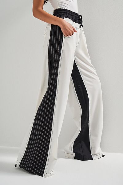 its basic Γυναικείο εκρού χρώμα μαύρο ριγέ ύφασμα Loose Cut Διπλό Σχέδιο Παντελόνι