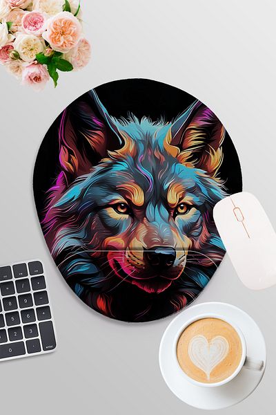 qoeuyl boutique Wolf No:2 Printed Gaming Gaming Οβάλ ποντίκι με υποστήριξη καρπού