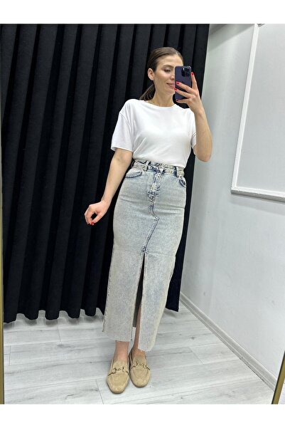 TUNAM BUTİK MAXİ BOY TAŞ VE ESKİTME DETAYLI KOT ETEK