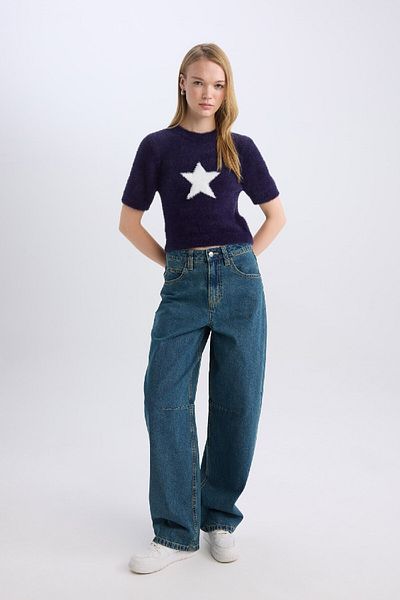 DeFacto Crew Neck Star Printed - Plush Knitwear Sweater C9158Ax24Wn