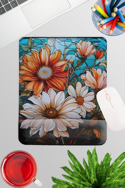 qoeuyl boutique Vitraliu cu aspect de flori imprimate nr. 2 Mousepad dreptunghiular pentru gaming pentru jucători cu suport pentru încheietura mâinii
