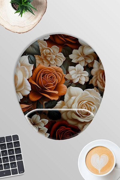 qoeuyl boutique Beige Roses No:1 Printed Gamer Gaming Mousepad oval cu suport pentru încheietura mâinii