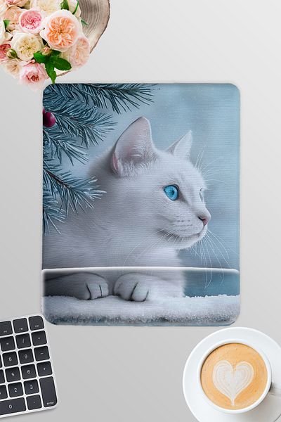 qoeuyl boutique White Cat Winter Themed No:1 Gamer Gaming Ορθογώνιο ποντίκι με υποστήριξη καρπού
