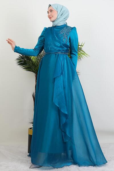 giz astore Eliza Tesettür Abiye Koyu Petrol