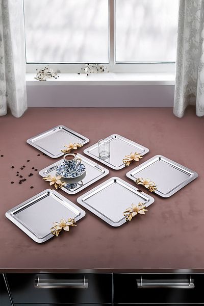 AHİR TİCARET 6 Pieces Stainless Steel Square Coffee and Tea Presentation Tray with Daisy Accessories