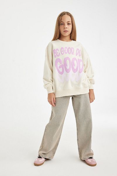 DeFacto Dívčí oversize Wide Fit mikina s potiskem s výstřihem D2880A824Wn