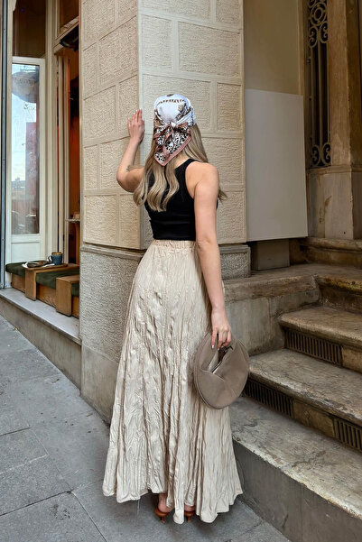 beymood Fusta de damă talie înaltă bej, fără buzunare, cu riduri