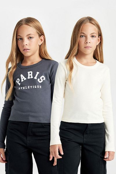 DeFacto Girls' Crop Crew Neck Printed Ribbed Camisole 2-Piece Long Sleeve T-Shirt D3347A824Au